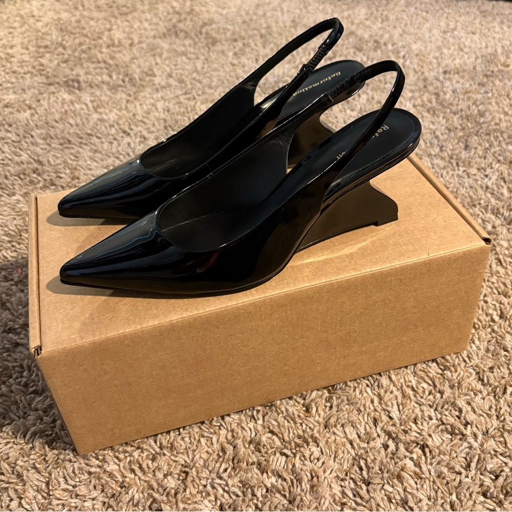 Reformation Westlyn Slingback Wedge Size 6 Black Patent Leather Closed Toe